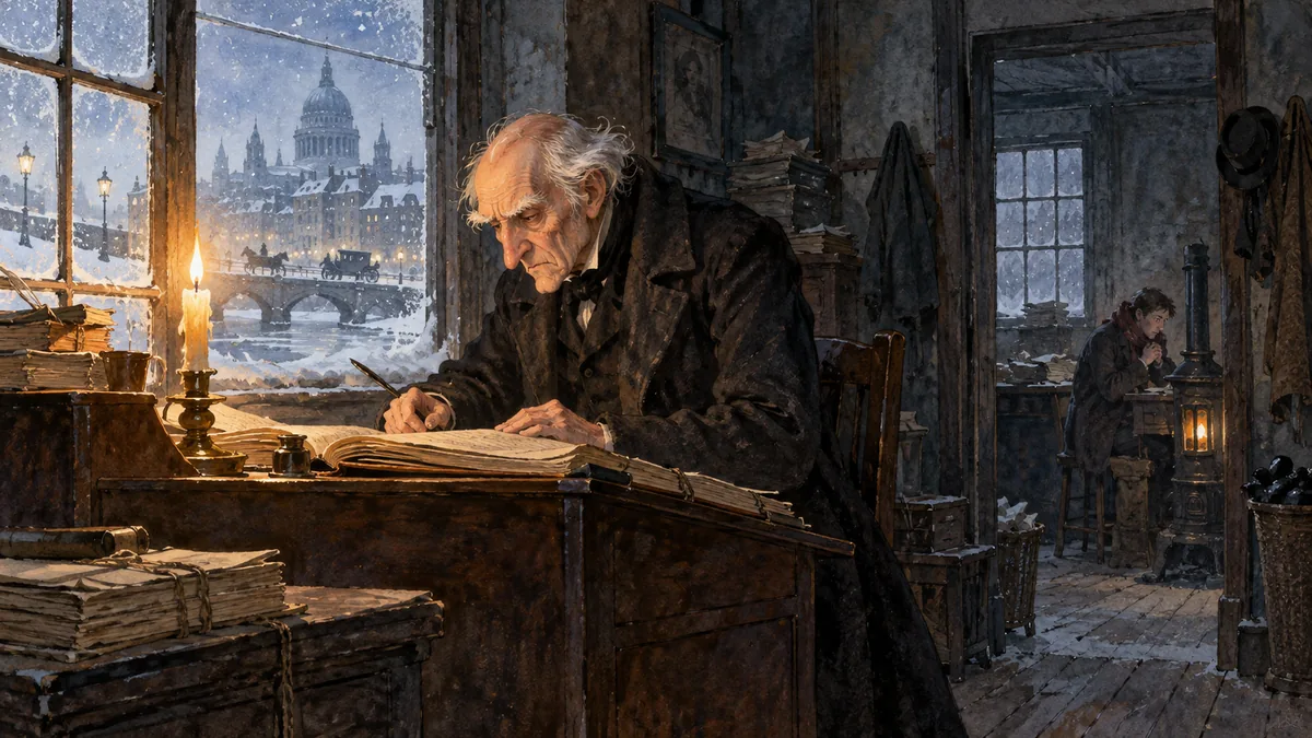 Miserly old Scrooge sits alone bent over his ledgers by a single candle in his cold counting-house on Christmas Eve.