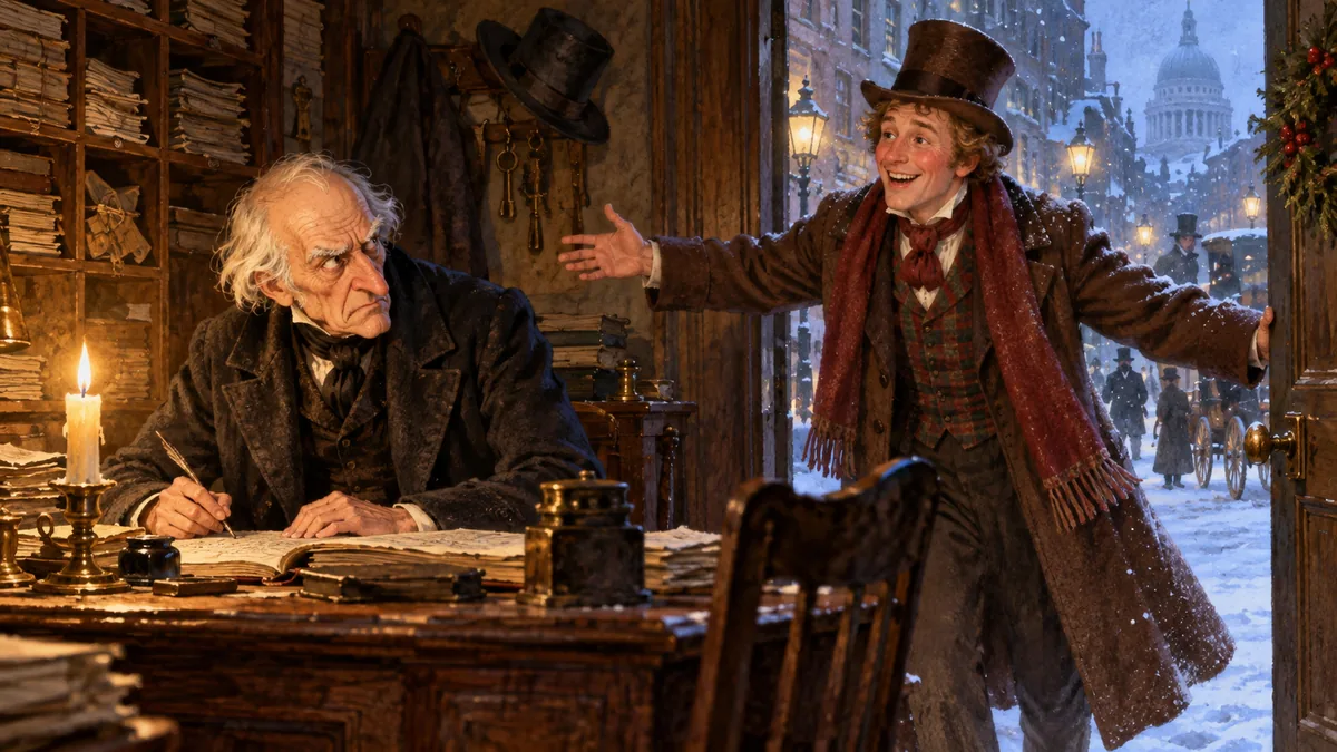 Scrooge's cheerful nephew Fred, rosy from the cold, bursts into the counting-house with a warm Christmas greeting while Scrooge scowls.