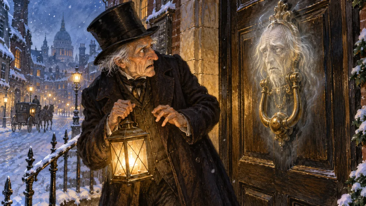 The brass door-knocker on Scrooge's door glows and turns into the ghostly pale face of the dead Jacob Marley.