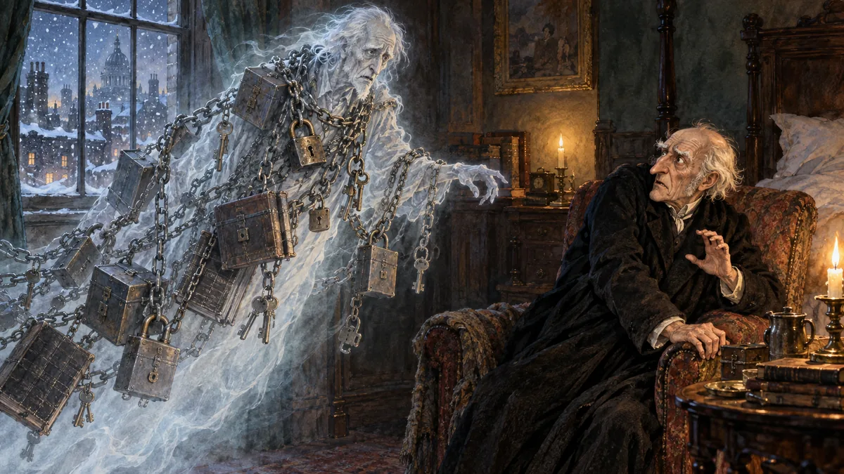 The pale ghost of Jacob Marley, bound in long heavy chains of cash-boxes and padlocks, drifts into Scrooge's candlelit room as he recoils.