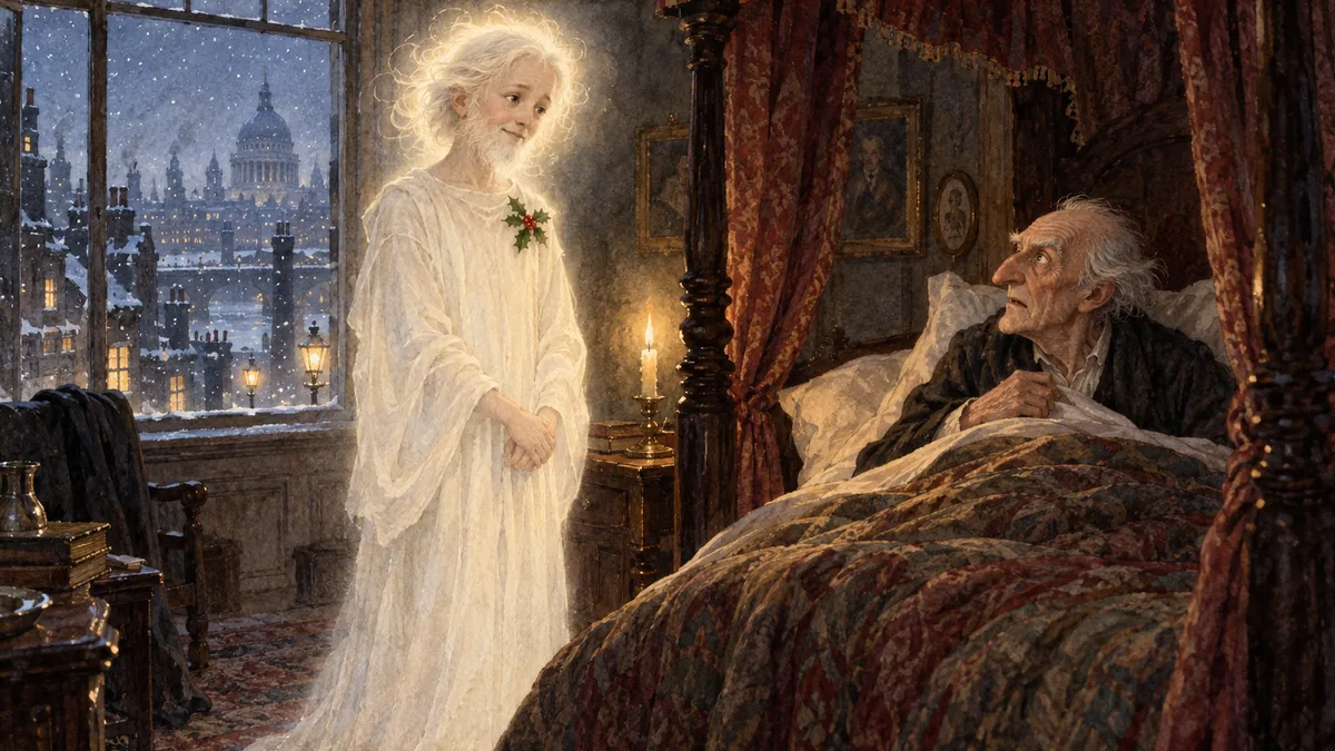 The Ghost of Christmas Past, a gentle figure at once childlike and old with light glowing from its head, stands beside Scrooge's bed at night.