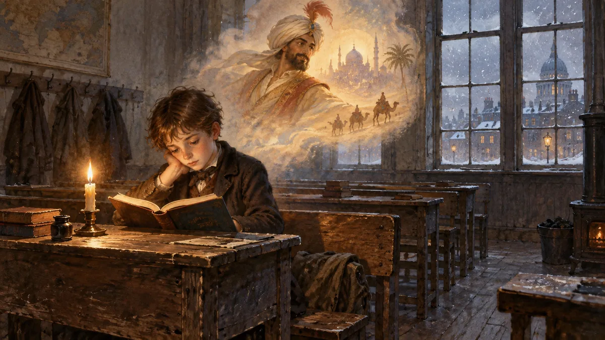 A lonely neglected boy, the young Scrooge, reads alone at a desk in a bare cold schoolroom while a storybook adventurer he imagines glows faintly nearby.