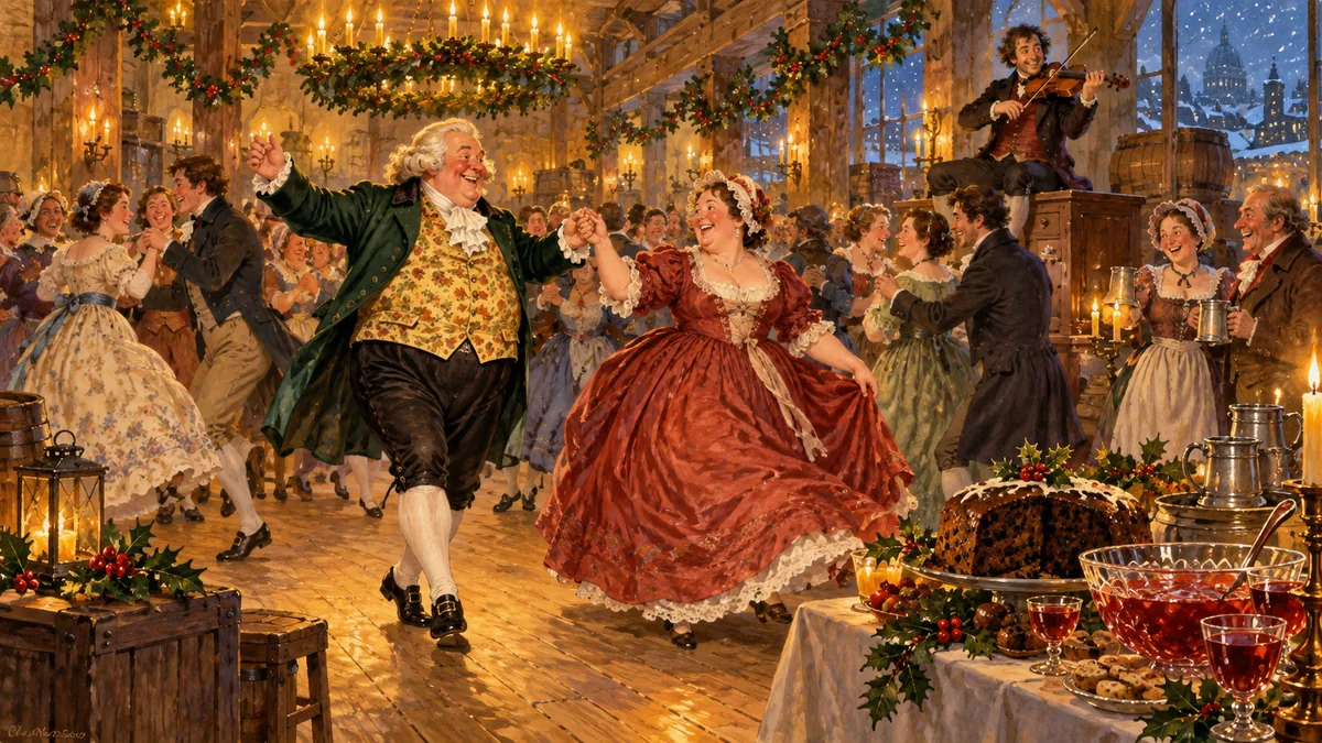 Jolly old Fezziwig dances merrily with his wife at their warm candlelit Christmas Eve ball as a fiddler plays and couples spin.
