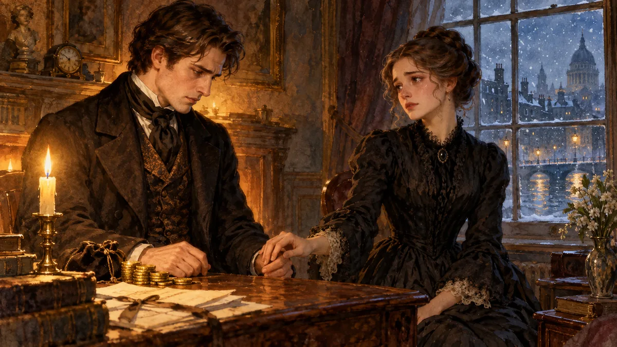 A tearful young woman named Belle gently releases the younger Scrooge from their engagement by candlelight.