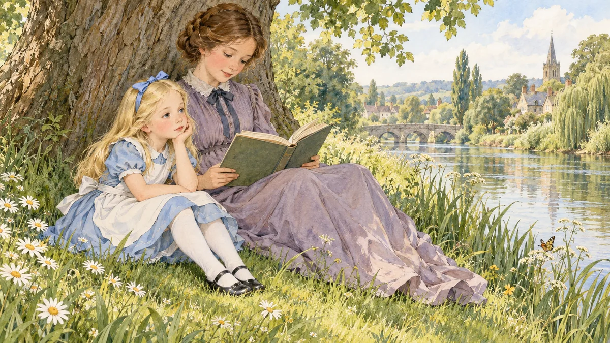 Скучающая Алиса сидит рядом с сестрой, читающей книгу, на солнечном берегу реки, усыпанном ромашками.