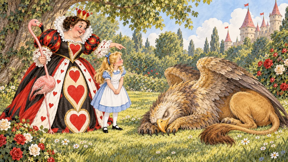 Королева указывает на Грифона, спящего на солнце, а Алиса смотрит.