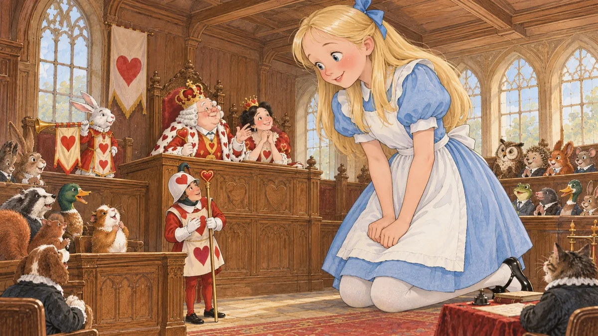 Король расспрашивает огромную Алису, стоящую на коленях, о том, что ей известно об этом деле.