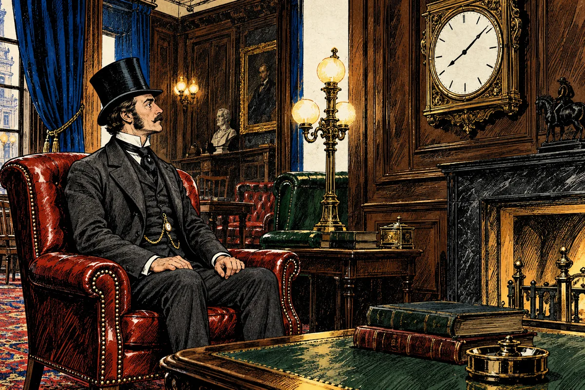 Phileas Fogg sitzt kerzengerade in einem Lehnstuhl und betrachtet eine komplizierte Uhr in seinem Haus in der Saville Row.