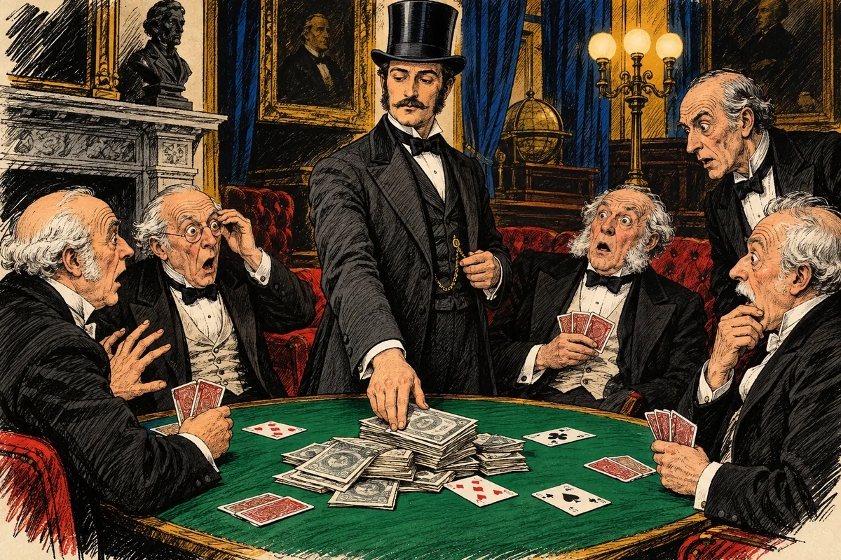 An einem Whisttisch im „Reform Club“ setzt Fogg gelassen zwanzigtausend Pfund auf seine Wette, während fünf Herren ihn verblüfft anstarren.