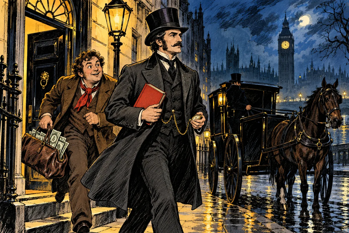 Fogg parte da Saville Row con una guida ferroviaria mentre Passepartout gli corre dietro con una sacca da viaggio piena di banconote.