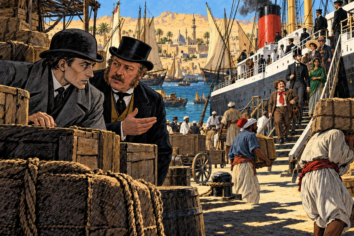 Am Hafen von Suez beobachtet der Detektiv Fix neben dem britischen Konsul die Passagiere des ankommenden Dampfers.