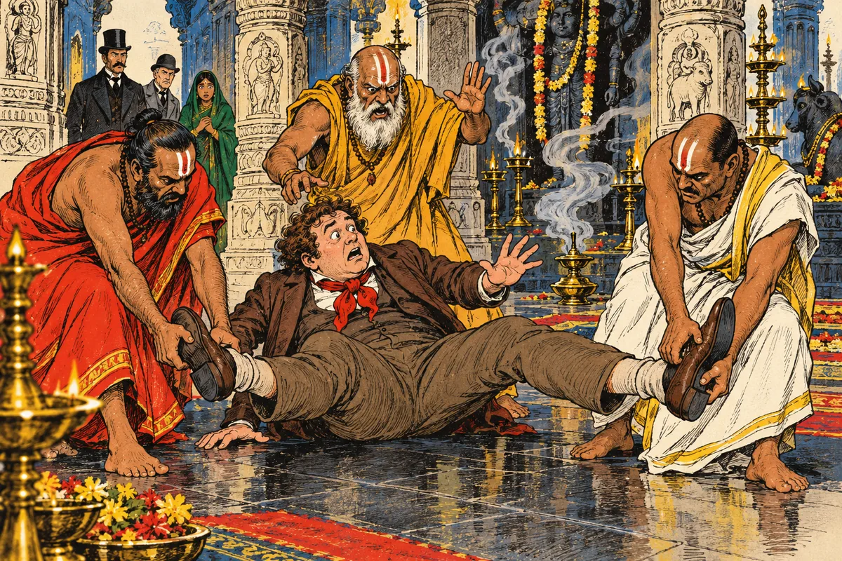 In un tempio di Bombay tre sacerdoti infuriati si avventano su Passepartout, disteso a terra, e gli strappano le scarpe.