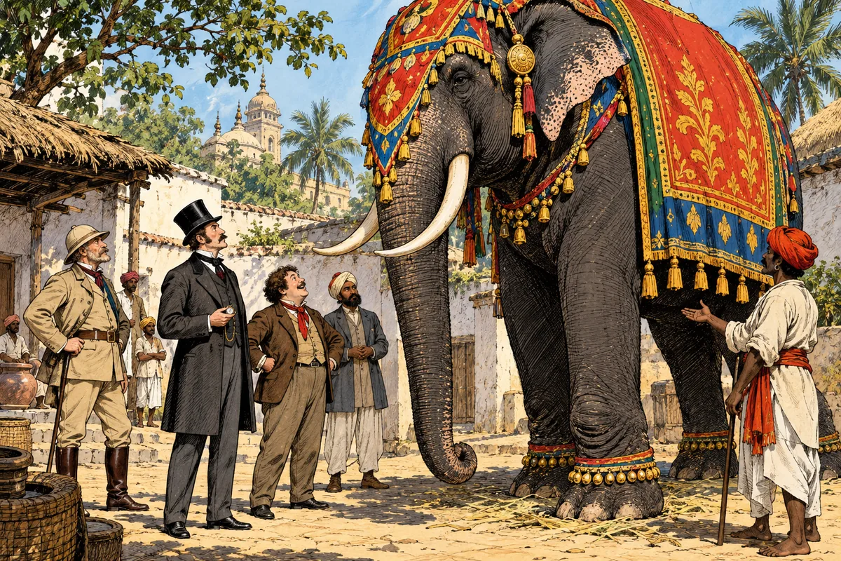 Fogg esamina l'enorme elefante che sta per comprare, mentre Passepartout e il proprietario indiano osservano.