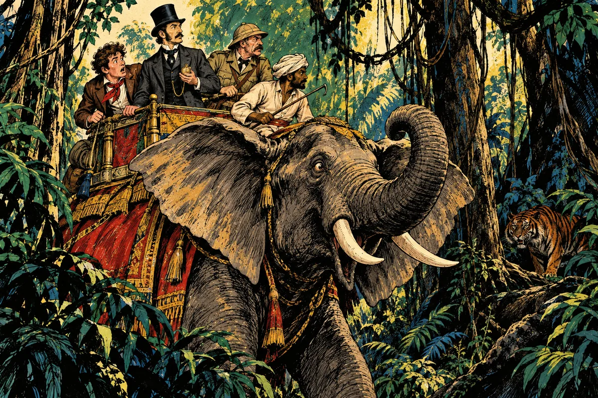 Il gruppo attraversa a dorso d'elefante una fitta foresta indiana finché l'animale si ferma all'improvviso, irrequieto.