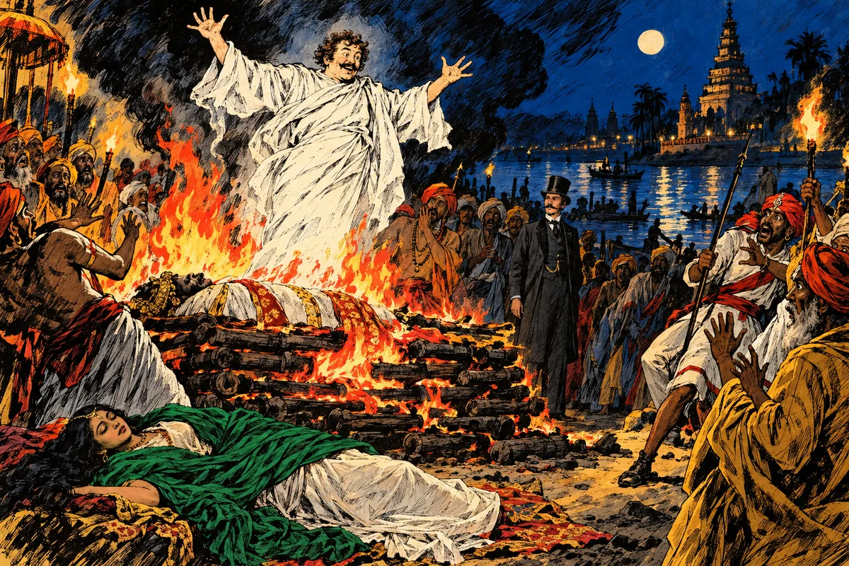 Passepartout si leva dalla pira funebre come un fantasma, mette in fuga la folla e porta via Aouda svenuta.