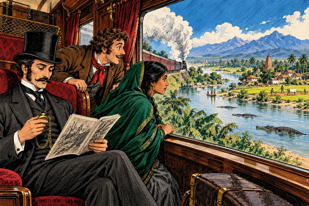 Un treno si snoda lungo la verde valle del Gange, e dai finestrini delle carrozze si intravedono i viaggiatori.
