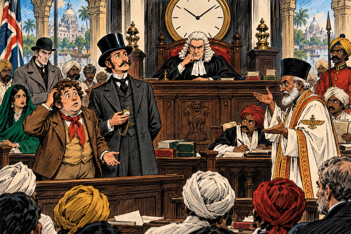 In un'aula di tribunale di Calcutta un giudice con una parrucca da cancelliere presiede sotto un grande orologio a muro, mentre Fogg e Passepartout stanno in piedi come imputati.