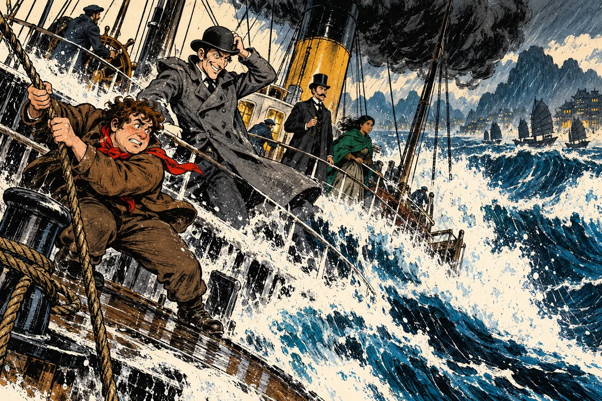 Il piroscafo «Rangoon» lotta contro una violenta tempesta mentre Fix, felice di ogni ritardo, osserva dal ponte.