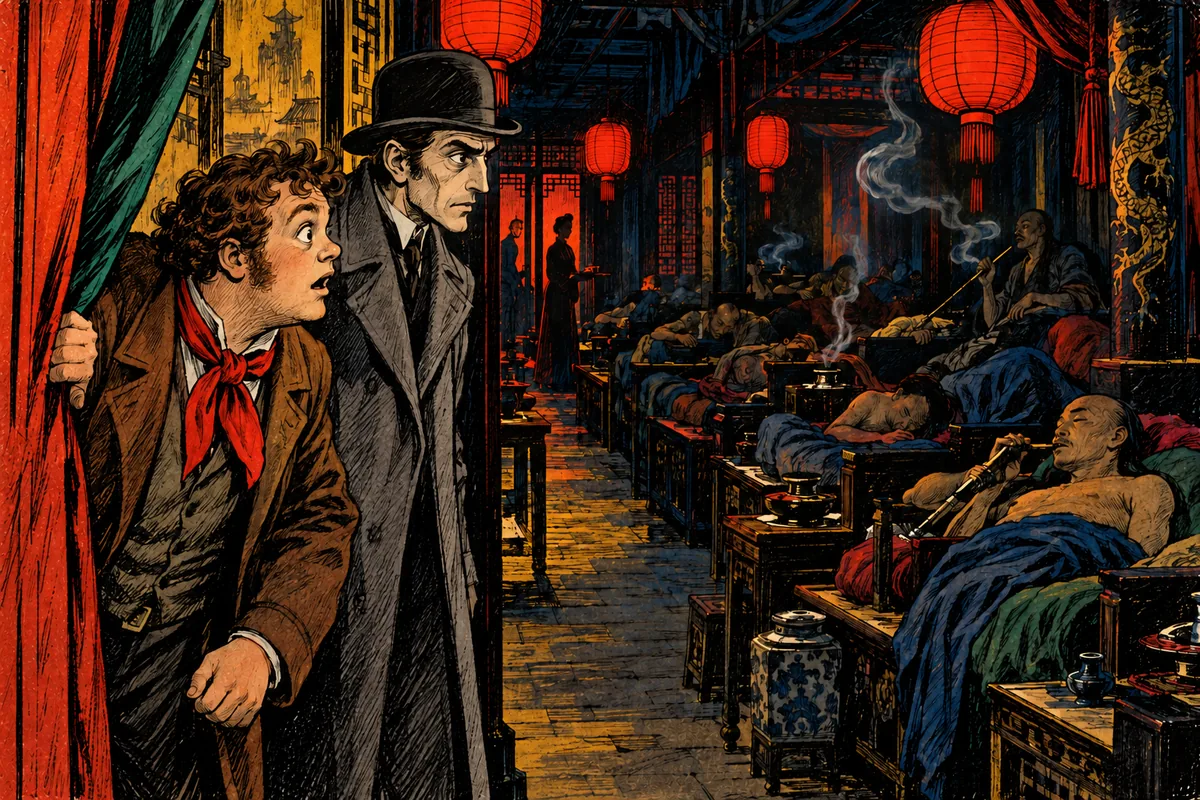 Fix and Passepartout enter an opium den filled with drowsy smokers lying on low bunks.