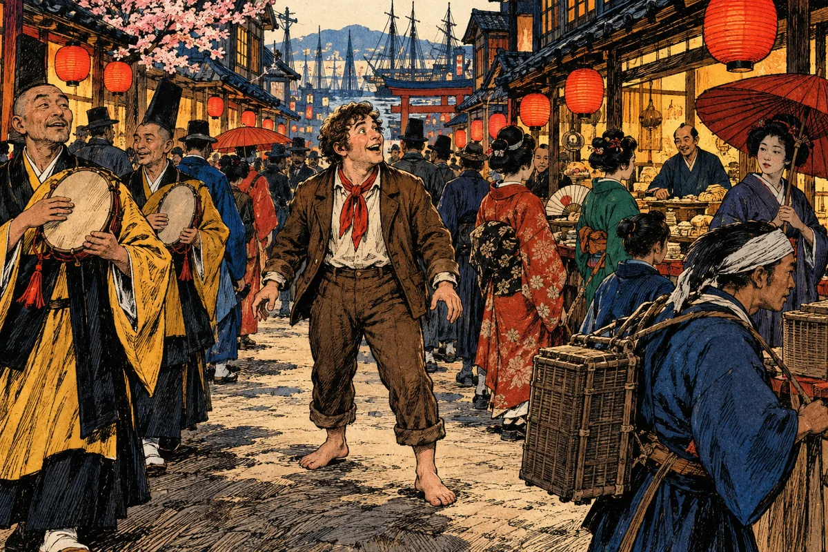 Passepartout vaga meravigliato per le strade affollate di Yokohama tra sacerdoti, soldati e mercanti.