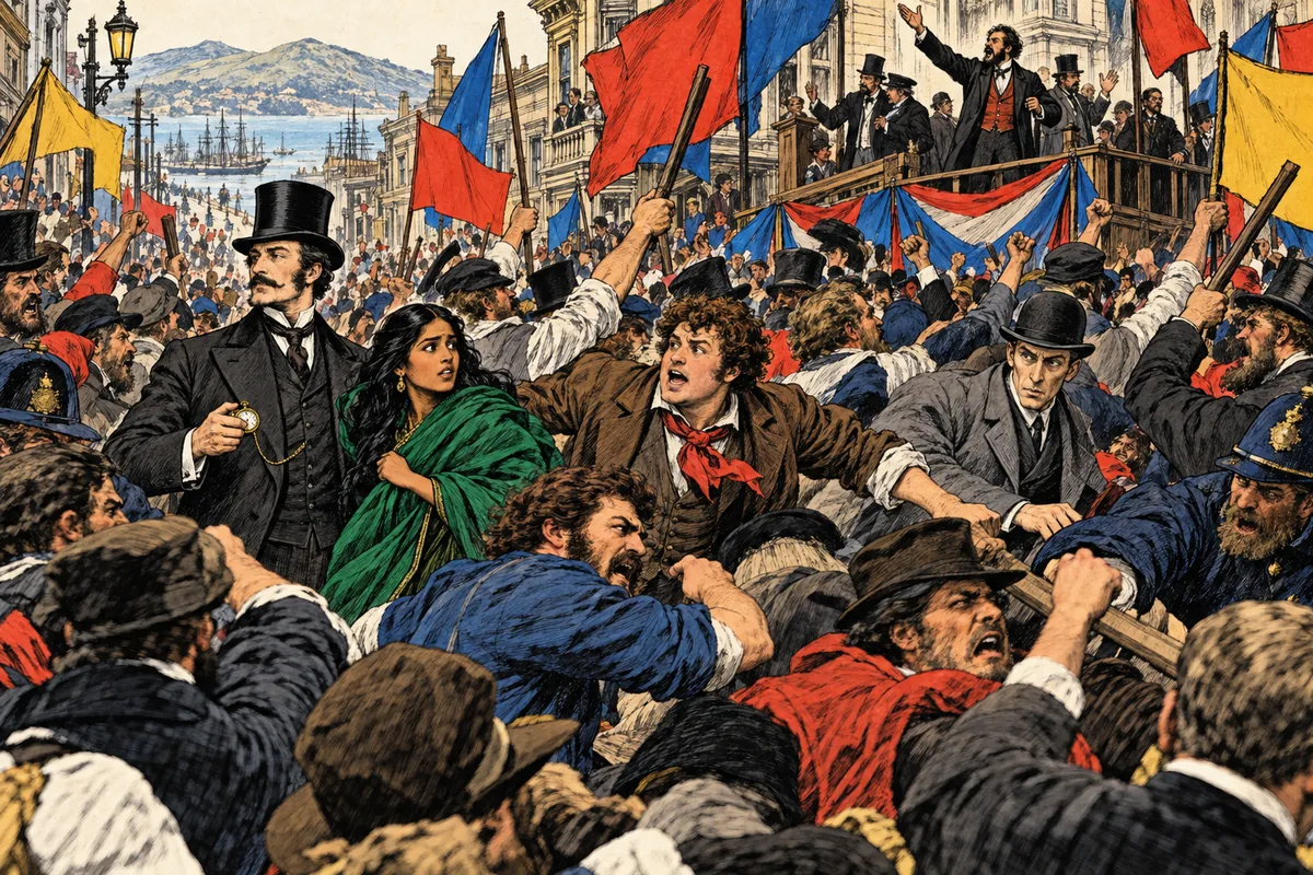 Un chiassoso comizio politico a San Francisco degenera in una rissa, e il gruppo di Fogg resta intrappolato tra la folla.