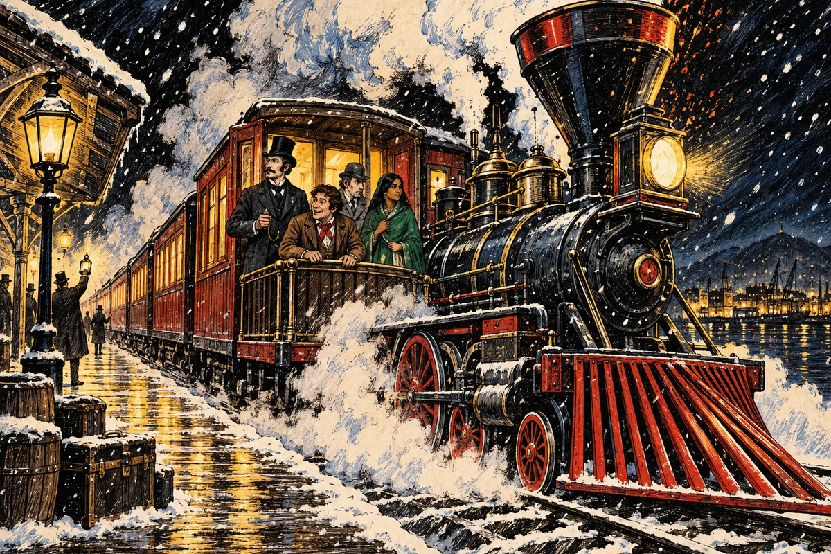 Il treno della ferrovia del Pacifico lascia di notte la stazione di Oakland mentre comincia a nevicare.