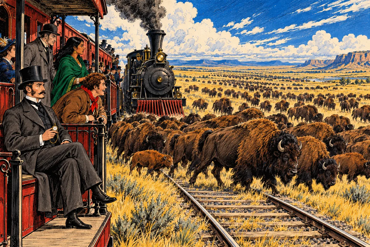 Una mandria di diecimila bisonti blocca i binari mentre i passeggeri guardano dal treno.