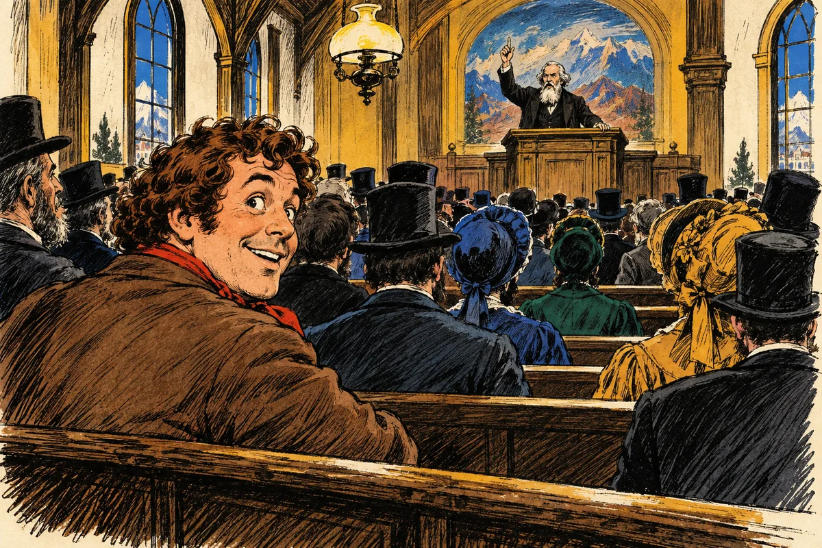 Passepartout hört verwundert einem mormonischen Ältesten zu, der im Tabernakel von Salt Lake City predigt.
