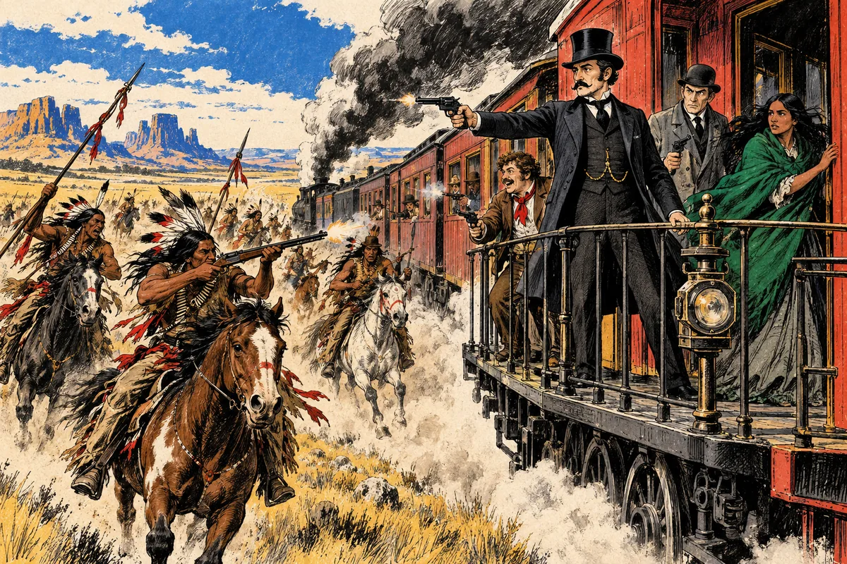 Cavalieri sioux galoppano accanto al treno e lo attaccano mentre i passeggeri rispondono al fuoco con le rivoltelle.