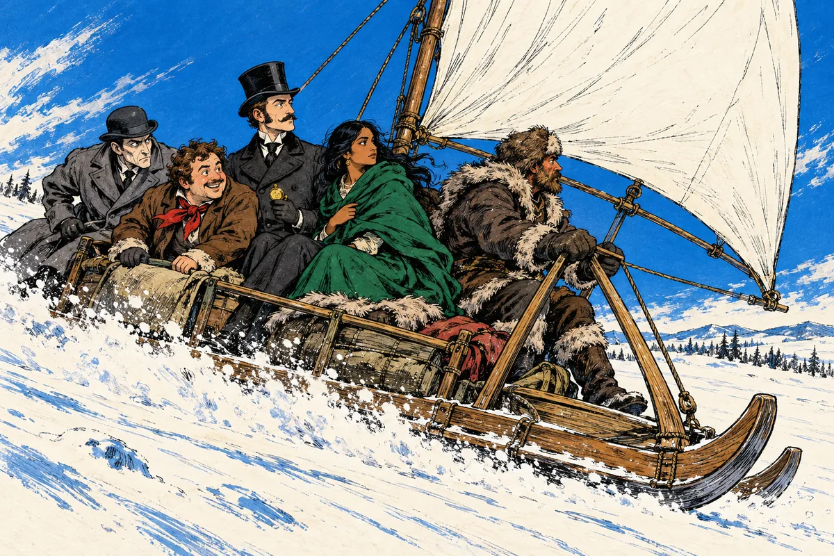 Una slitta con una grande vela trasporta a gran velocità Fogg, Aouda, Passepartout e Fix attraverso la prateria innevata.
