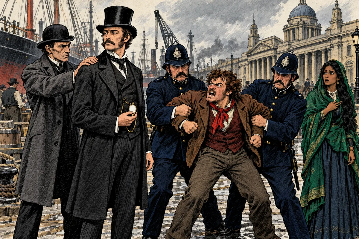 A Liverpool Fix arresta Fogg mentre alcuni poliziotti trattengono il furioso Passepartout.