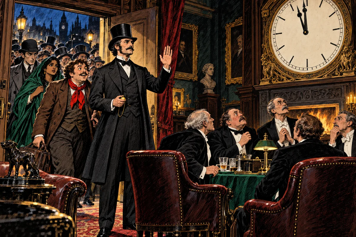 Im letzten Augenblick, bevor die Uhr die volle Stunde schlägt, betritt Fogg den Saal des „Reform Club“, gefolgt von einer aufgeregten Menge.