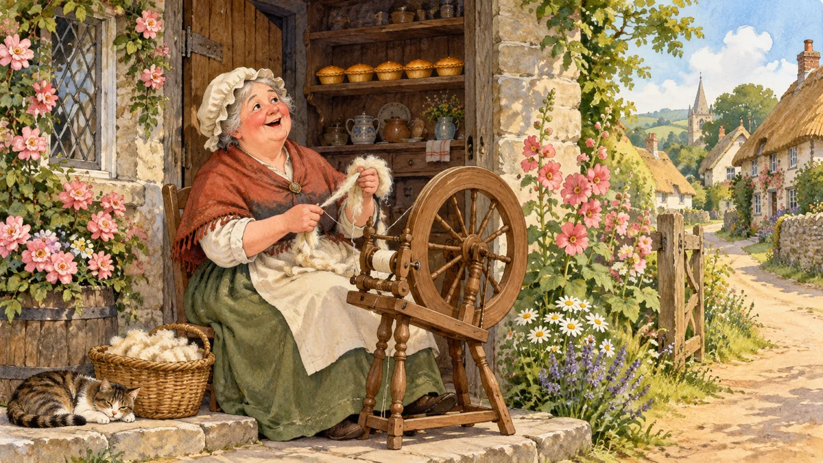 An old cottage-woman sits spinning at her doorway, singing, with five golden pies on the shelf behind her.