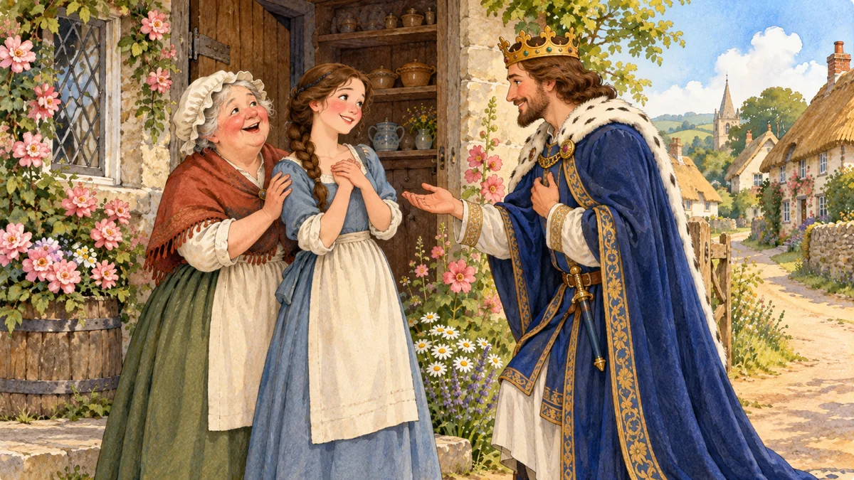 A kindly king in the village street offers to marry the young daughter while her proud mother looks on.
