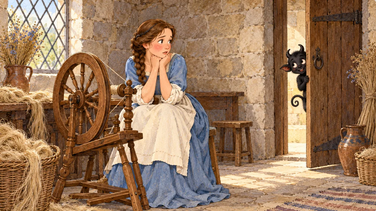 The worried young bride sits by a spinning-wheel in a bare stone room as a comic little black imp peeks round the door.