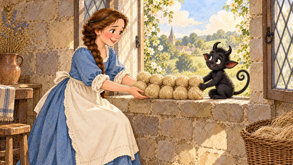 The comic little imp on the window ledge hands five neat skeins of spun flax to the young bride.
