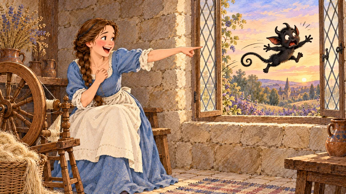 The young bride laughs and points in triumph as the comic imp shrieks and flies off into the twilight.