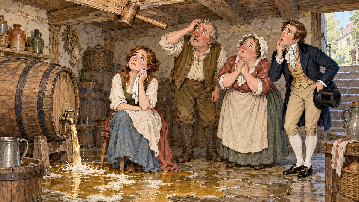In the cellar a young woman cries on a stool beneath a mallet in the beam while her family and the gentleman fret over her.