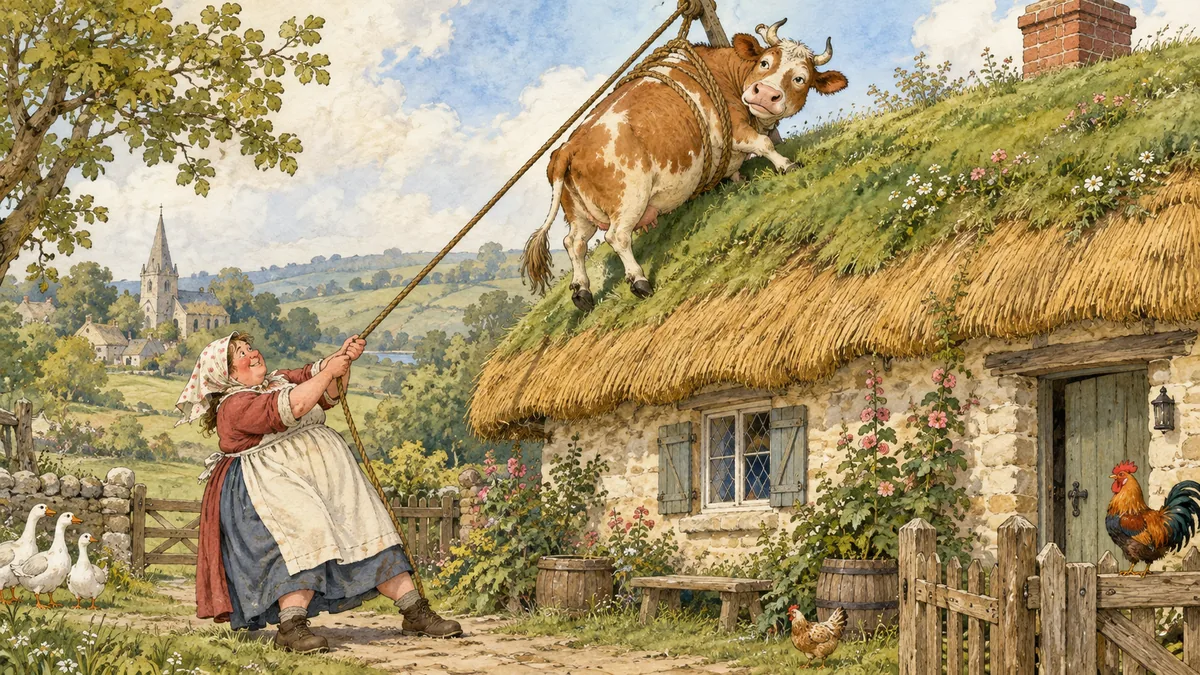 A silly countrywoman tries to haul her cow up onto the grassy roof of her thatched cottage with a rope.