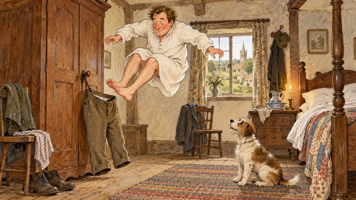 A man in a nightshirt at the inn comically tries to jump feet-first into trousers hung on a knob.