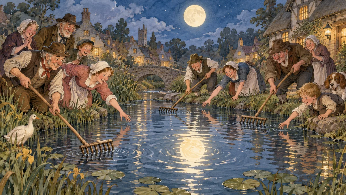 Villagers around a moonlit pond rake and reach into the water to fish out the moon's reflection.
