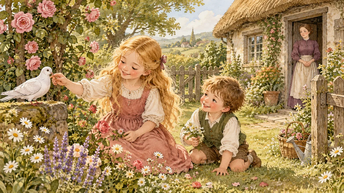 A golden-haired little girl and her little brother play happily beside a rose-tree in a cottage garden.