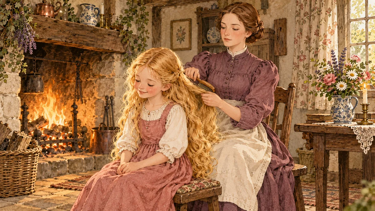 The stepmother combs the little girl's long golden hair by the hearth, her face cold but calm.