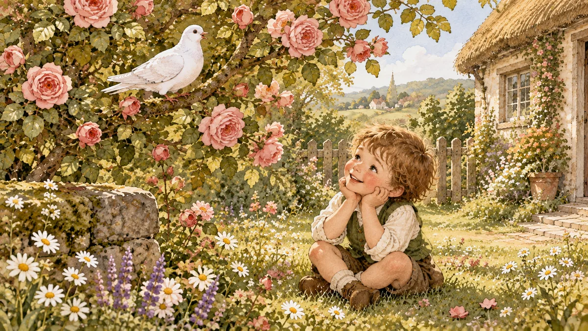A white bird sings among the blossoms of the flowering rose-tree while the little brother listens in wonder.