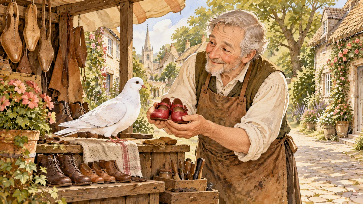 The white bird on a cobbler's stall receives a pair of little red shoes from a kindly shoemaker.