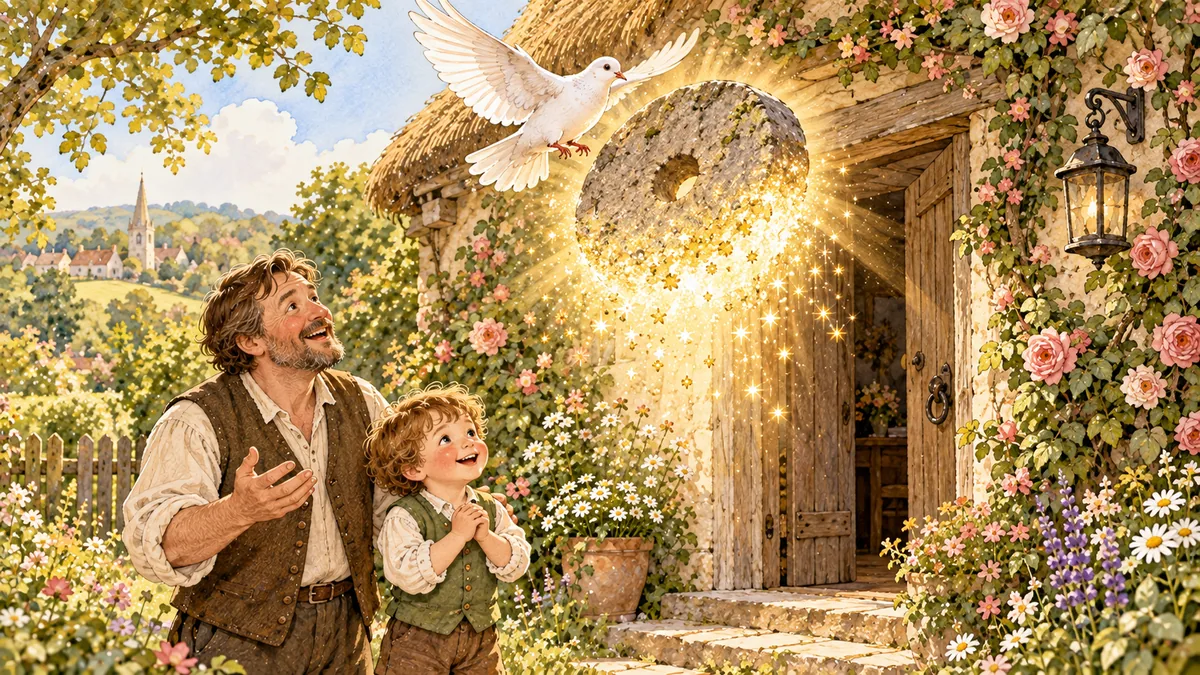 The white bird above the doorway drops a millstone that bursts into light as father and brother look up with joy.