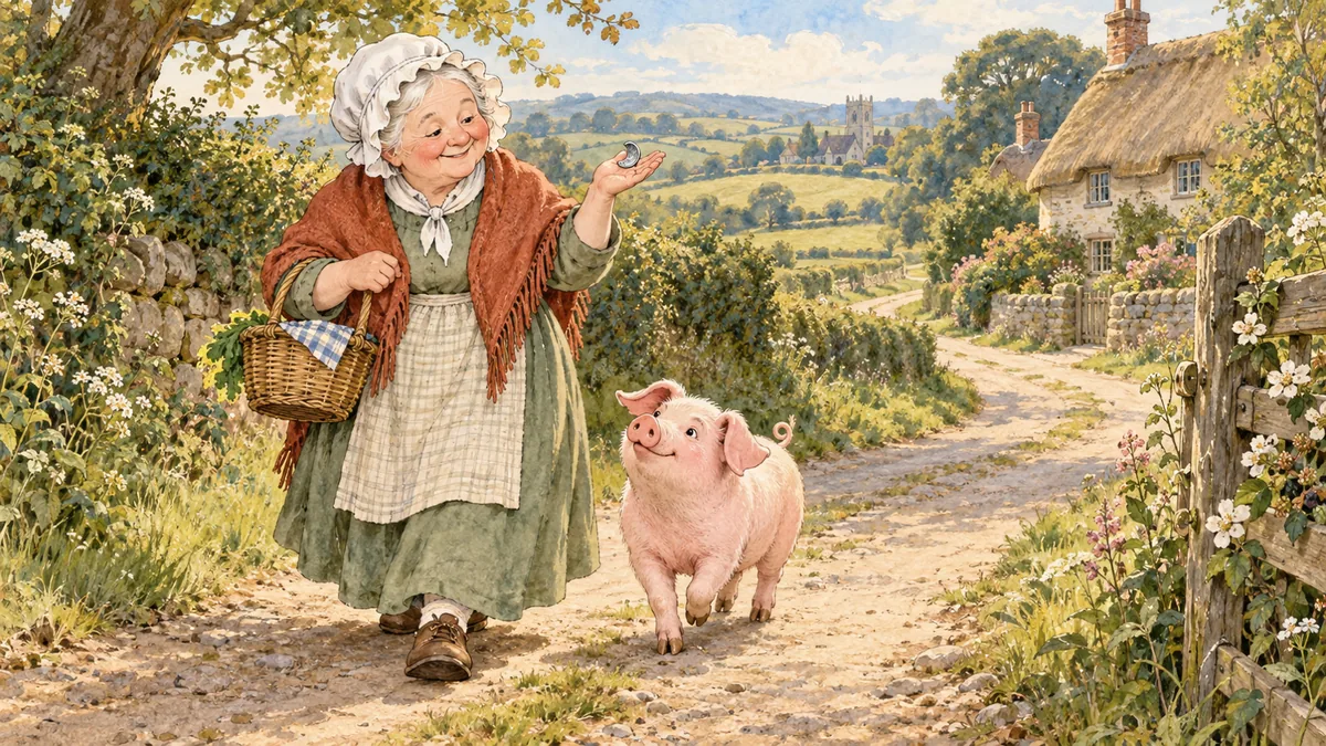A little old woman on a country lane holds a crooked sixpence as her small pink pig trots beside her.