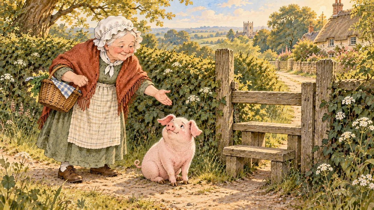The old woman coaxes her stubborn little pig, which sits refusing to cross the wooden stile.