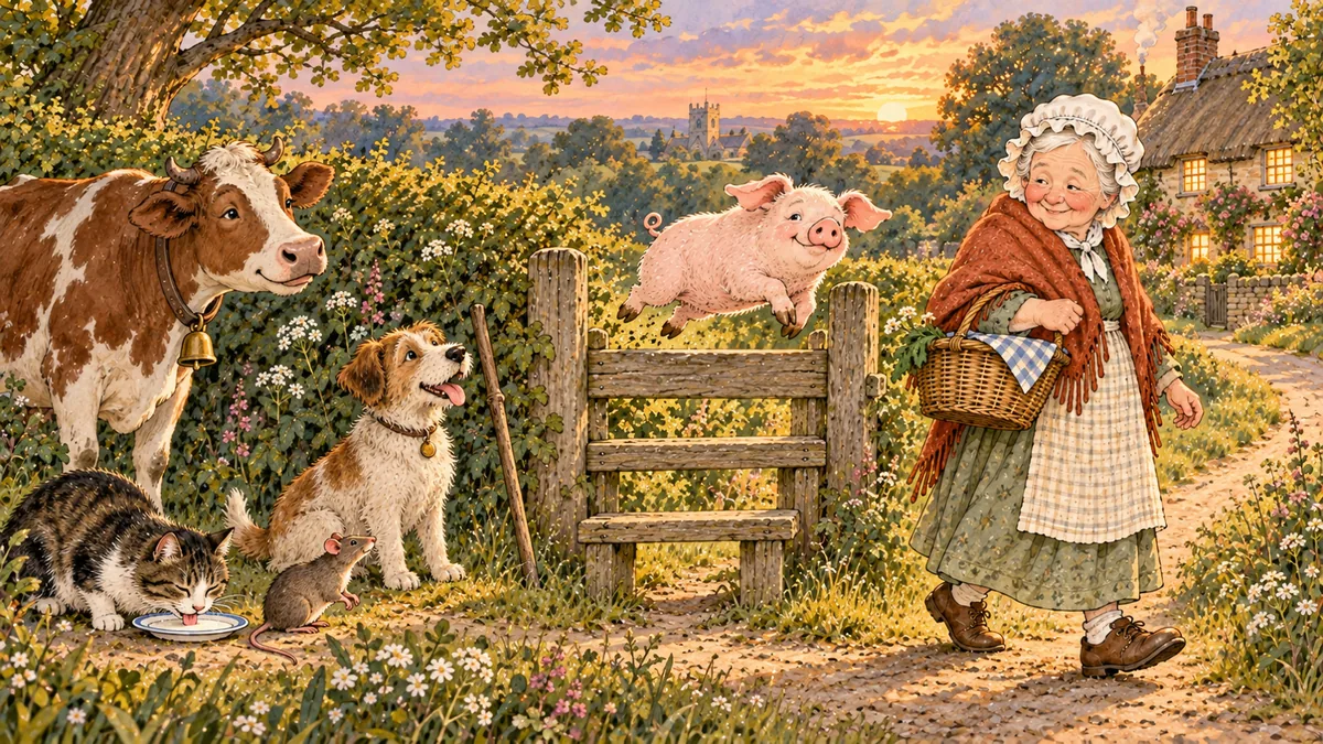 At dusk a cheerful chain of helpers gathers by the stile as the little pig at last hops over and the old woman heads home.