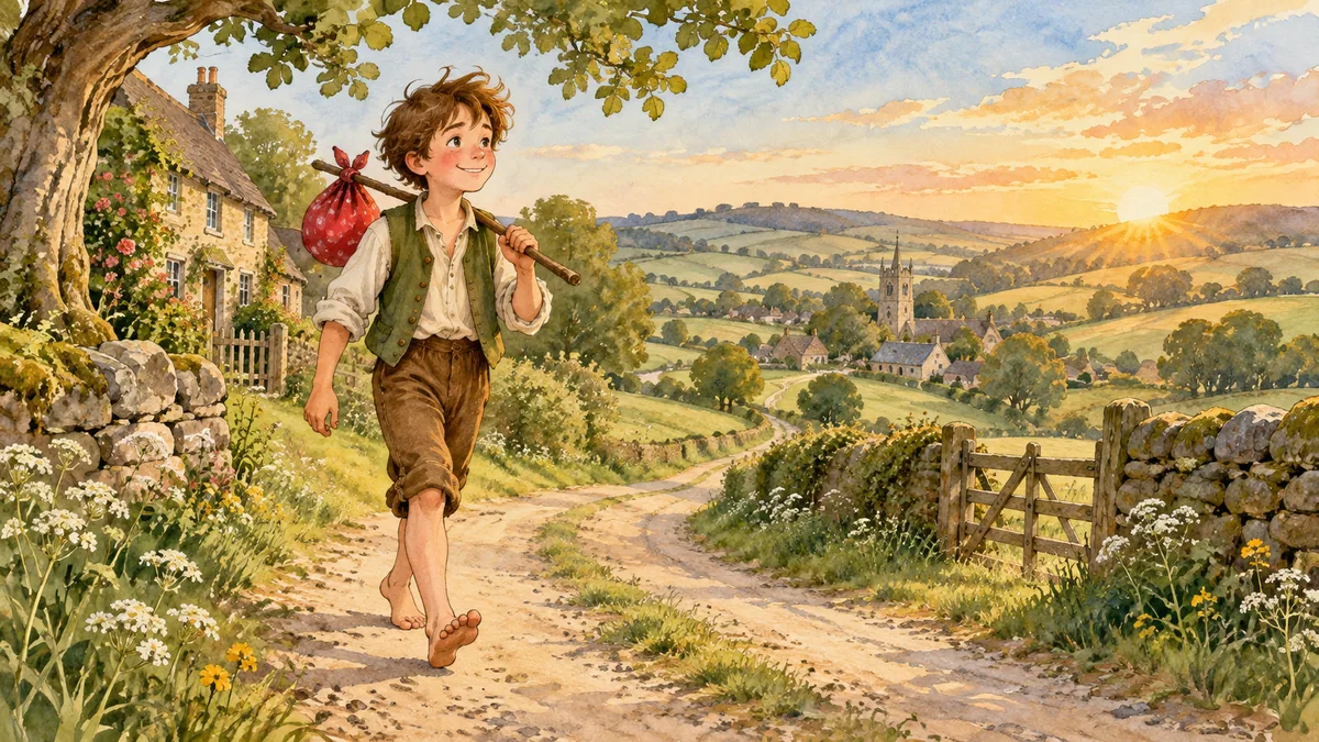 Young Jack sets out at sunrise down a country road with a little bundle on a stick over his shoulder.